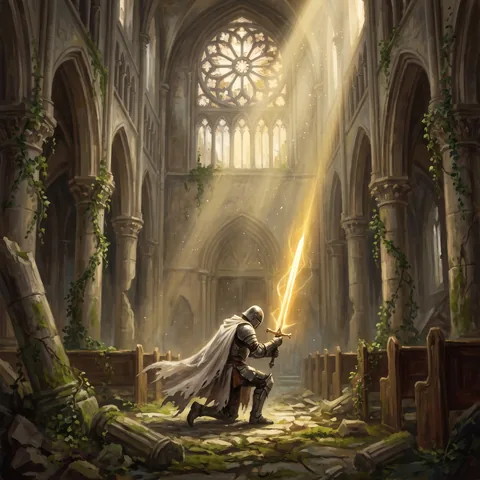 A weary paladin kneels in a ruined cathedral holding a sword whose blade is pure golden light, epic painterly illustration.
