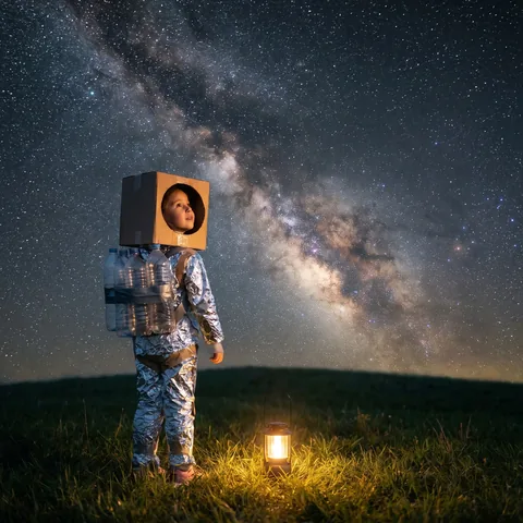 A small child in a homemade cardboard and tinfoil astronaut costume looks up at the Milky Way from a hilltop, night photograph.