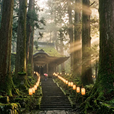 A mossy wooden temple among giant cedars with a lantern-lined stone stair and sun shafts through mist, photograph.
