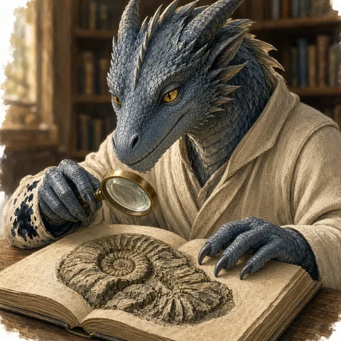 An anthropomorphic slate-blue dragon scholar in a linen robe studies a fossil with a brass magnifying glass. Warm library light, curious expression, painted scales, no armor.