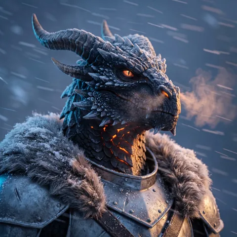 A black dragon paladin in a blizzard with embers glowing between the scales of its throat, cinematic close portrait.