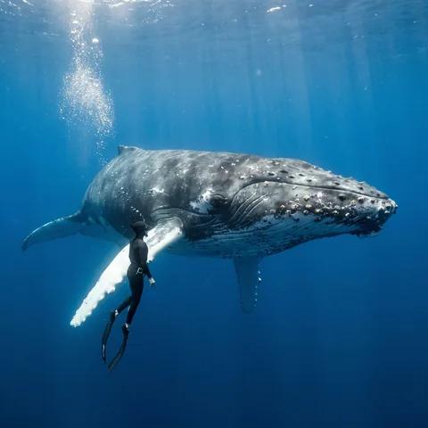 A lone freediver suspended in deep blue water beside an enormous humpback whale under shafts of sunlight, underwater photograph.