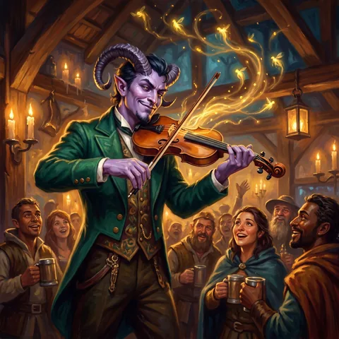A lavender-skinned tiefling bard plays violin in a candlelit tavern and every note becomes golden fireflies, painted character art.