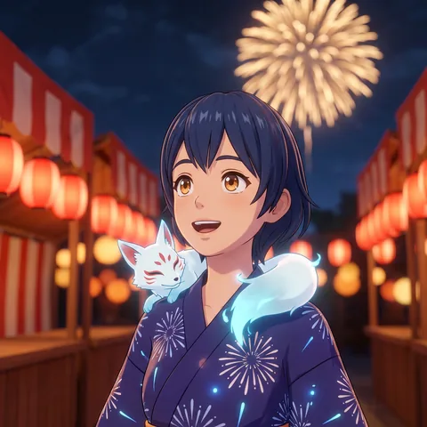 A 3D anime heroine in a firework yukata at a lantern-lit summer festival with a glowing white fox spirit on her shoulders.