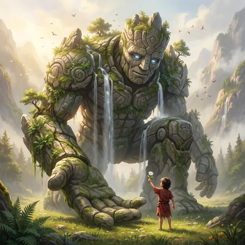 A colossal mossy stone golem with waterfalls on its shoulders kneels to accept a flower from a tiny child, cinematic fantasy illustration.