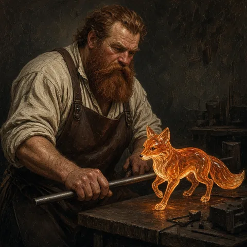 A painterly portrait of a dwarven glassblower concentrating on a molten orange glass fox in a dark workshop. Real heat light, leather apron, fierce focus.
