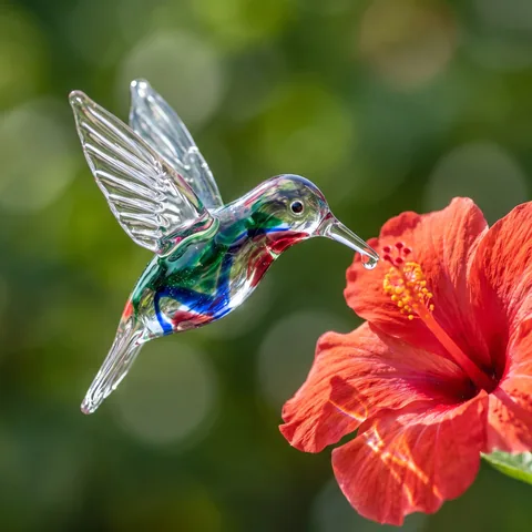 A living hummingbird made of hand-blown glass sips from a red hibiscus, macro photograph.