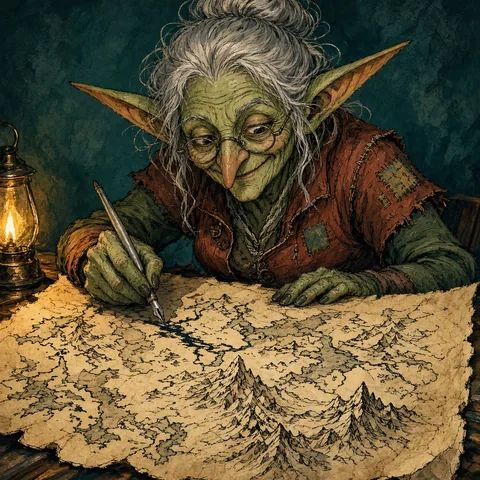 An elderly goblin cartographer with long ears and ink-stained fingers draws a wordless mountain map by lamplight. Storybook illustration, mischievous pride, teal and rust.