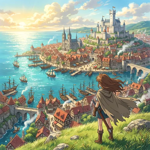 An anime key visual of a young adventurer on a cliff looking over a vast medieval harbour city at sunrise.