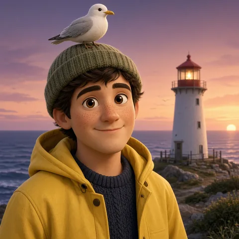 A friendly 3D anime portrait of a lighthouse keeper in a yellow raincoat, with a seagull standing on a knit hat and a small lighthouse at dusk.