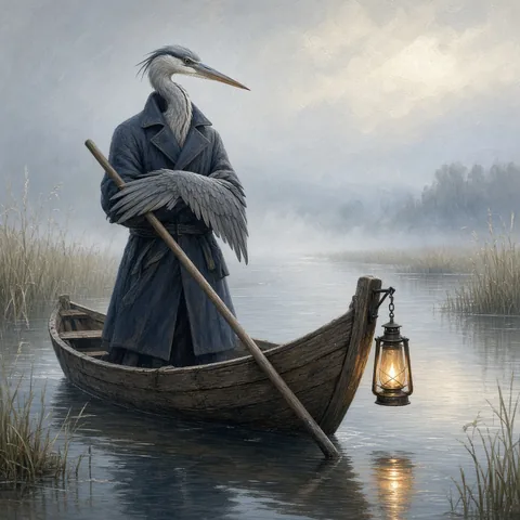 A tall heron ferryman in a dark coat poles a wooden boat through morning mist, with one oil lantern at the prow. Quiet painterly illustration.