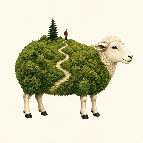 A sheep in profile whose wool is a miniature green hillside, with a tiny red-coated hiker, a path, and one pine. Cream background, crisp illustration.