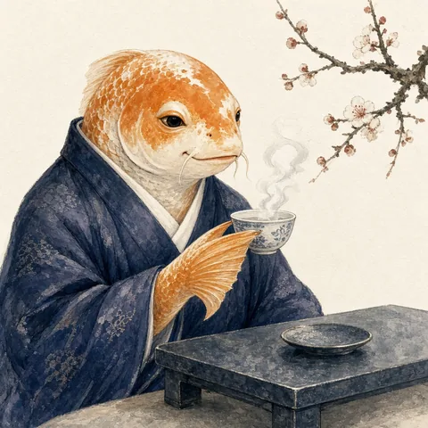 An elegant anthropomorphic koi in an indigo robe lifts a steaming tea cup. Pale paper background, one plum branch, storybook gouache.