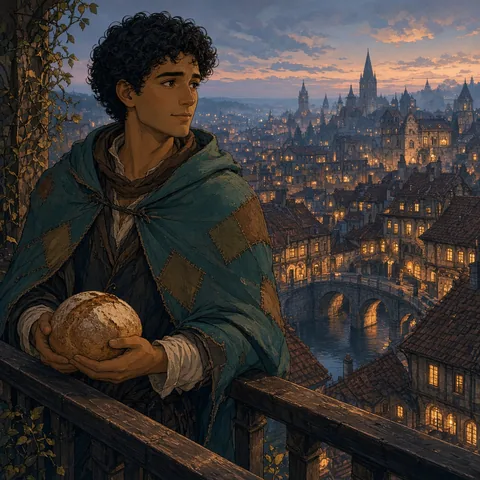 An anime illustration of a young traveler in a patched teal cloak holding bread on a balcony above a lantern-lit medieval city with one stone bridge. No text or weapons.