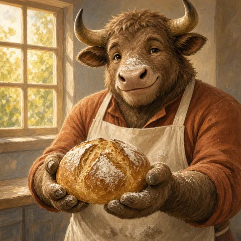 A gentle minotaur baker with flour on his muzzle offers a golden loaf. Cream apron, warm bakery window, storybook painting, welcoming expression.