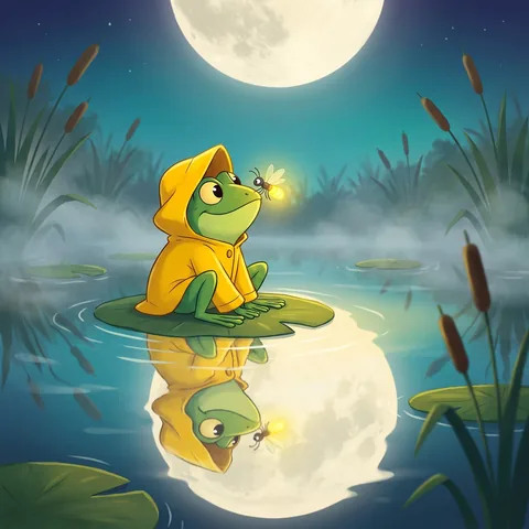 A tiny frog in an oversized yellow raincoat sits on a lily pad at dusk with a firefly on its nose and the moon reflected in the pond, cartoon illustration.