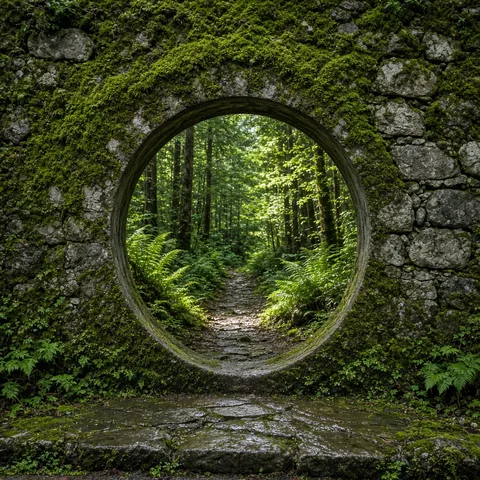 A photograph of a round moon gate in a mossy stone wall, framing a sunlit forest path. No people, no signs, wet stones in front.