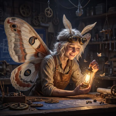 A moth-winged inventor with feathery antennae holds up a glowing lantern she just built in a dark workshop, believable photograph.