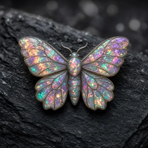 A macro photograph of a moth brooch carved from fiery opal, wings spread on dark slate, peach and teal flashes inside the stone, soft bokeh.