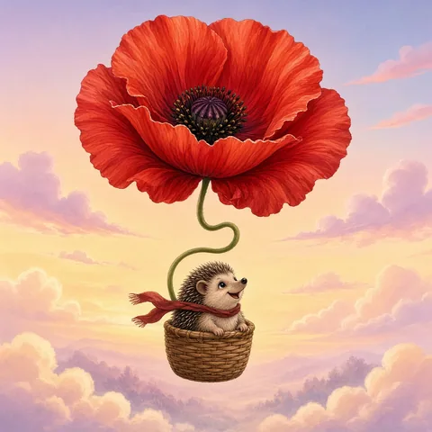 A thrilled hedgehog in a wicker basket floats under a hot-air balloon made from one enormous red poppy. Dawn sky, small red scarf.