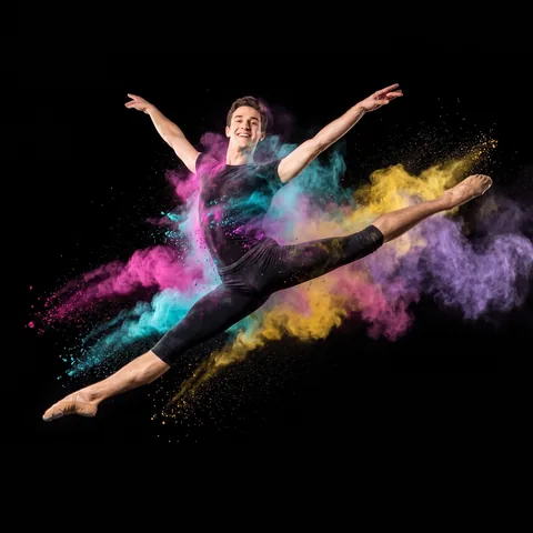 A male ballet dancer frozen mid grand jeté against black as clouds of coloured powder explode from his body, high speed studio photograph.