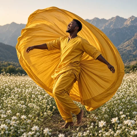 An editorial photograph of an adult man spinning in white wildflowers, saffron cloth sweeping into one huge arc, distant blue mountains, laughing in warm sunlight.