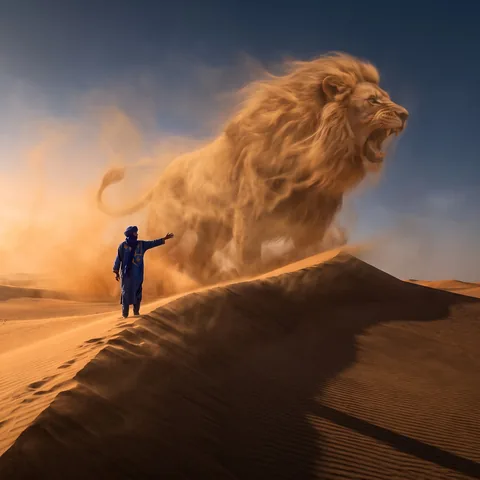 A desert mage in indigo robes stands on a dune crest and raises a sandstorm in the shape of a colossal roaring lion, epic photograph.
