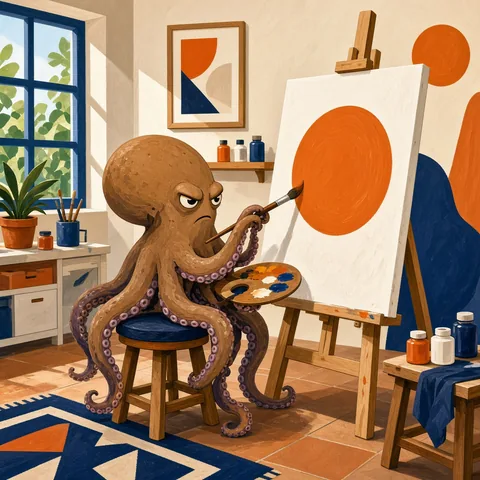 A serious octopus painter in a bright studio paints one huge orange circle. Eight arms, brush and palette, clean illustration, funny concentration.