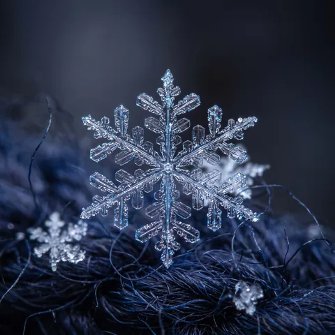 A single real snowflake with perfect sixfold symmetry resting on dark wool fibres, extreme macro photograph.