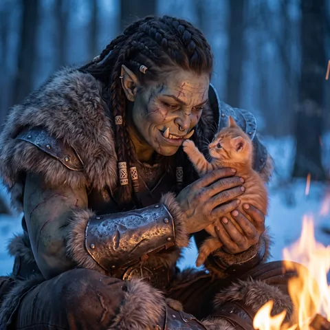 A huge scarred half-orc warrior woman by a campfire cradles a tiny orange kitten that paws at her tusk, believable close portrait.