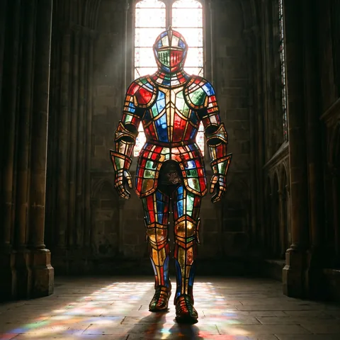 A knight made entirely of stained glass strides down a dark cathedral aisle with sun shining through it onto the floor, believable photograph.