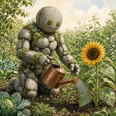 A gentle stone golem gardener with a moss smile kneels in a sunny garden and waters the soil beside a giant sunflower. Storybook illustration, tender and funny.