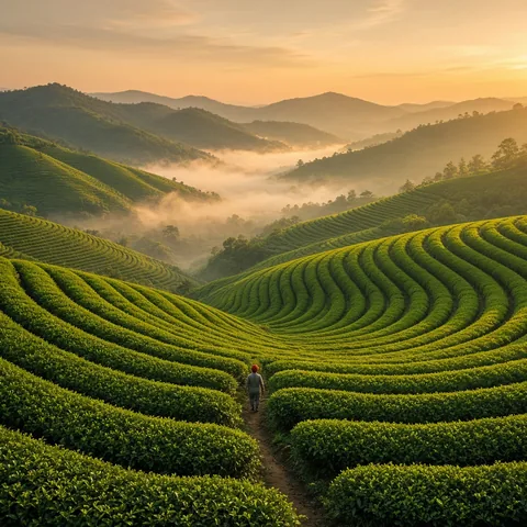 A dawn photograph of curved green tea terraces, valley mist, and one tiny worker in a red hat for scale. Golden light, no text.