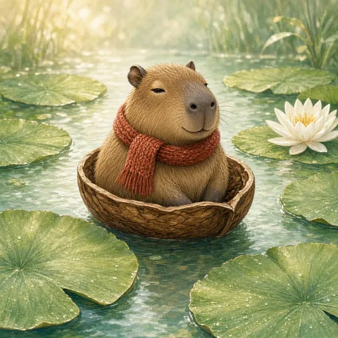 A calm capybara in a rust-red scarf rides a walnut-shell boat among giant lily pads and one white water lily. Soft morning illustration.