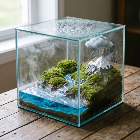 A miniature landscape in a glass cube with a sea, a river, a mountain and a tiny cloud raining on the peak, tilt-shift photograph.