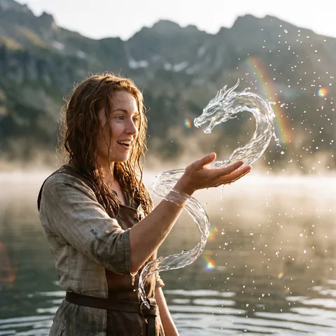 A water mage lifts a ribbon of lake water that becomes a clear water dragon above her hand at sunrise, believable photograph.