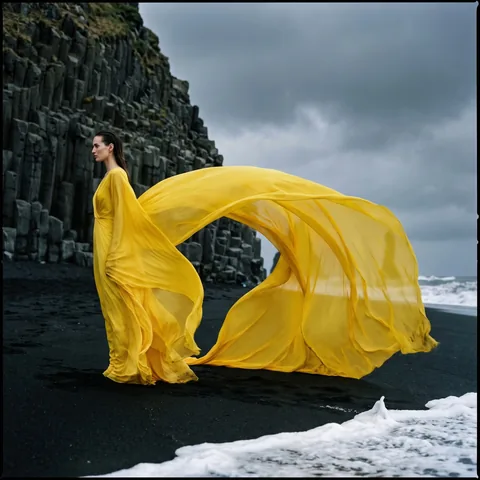 A model in an enormous canary yellow silk gown whose train lifts into a wave on a black sand beach under basalt cliffs, editorial fashion photograph.
