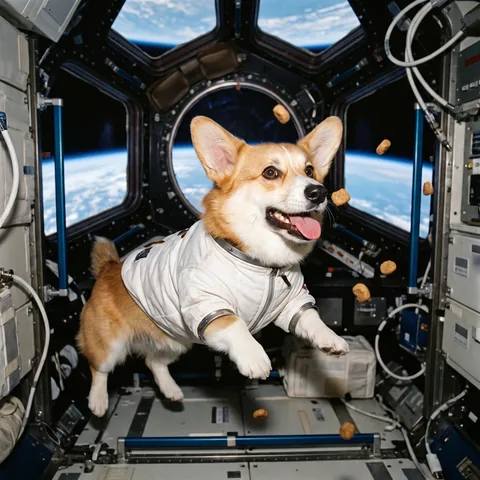 A corgi in a tiny spacesuit floats in a space station chasing drifting kibble with Earth in the window, believable photograph.
