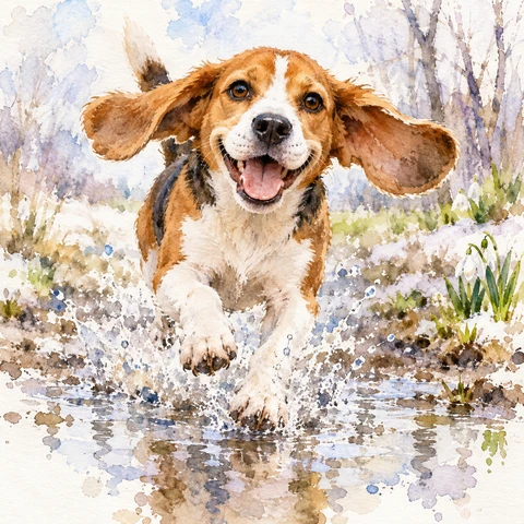 A delighted beagle leaps through a spring puddle with its ears flying. Luminous expressive watercolor, warm sienna fur and lively splashes on textured paper.