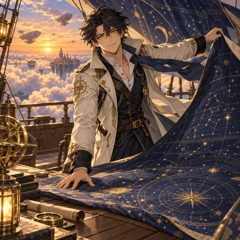 An original adult anime navigator unfurls a midnight-blue star map aboard an airship at sunset. Elegant linework, rich cel shading, expressive amber eyes and an ivory coat.