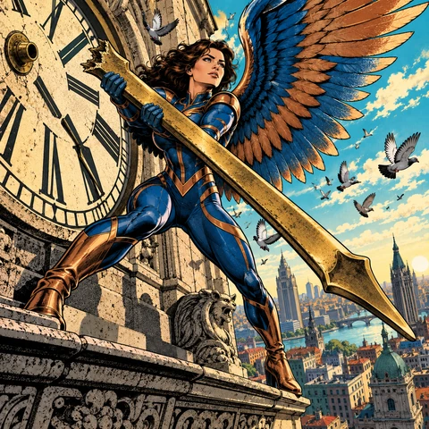An original winged superhero catches an enormous falling clock hand above the city. Dynamic comic-book inks, bold halftones and a striking teal-and-ochre palette.