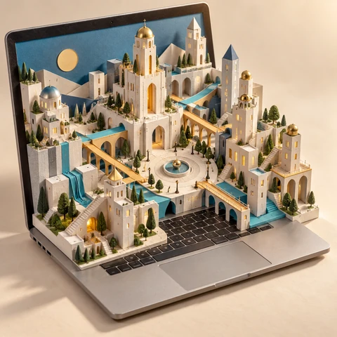 A miniature paper city unfolds from an open laptop, linked by elegant cyan and amber pathways. Tactile layered-paper construction and softly lit isometric 3D illustration.