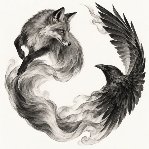 A fox’s tail becomes smoke and then a raven’s wing in one flowing black-and-gray tattoo design, with realistic detail and elegant open negative space.