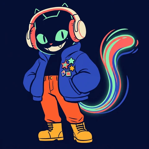 A joyful anthropomorphic cat DJ with oversized headphones, a cobalt jacket and a sweeping neon tail. Bold graphic shapes in coral, mint and midnight navy.