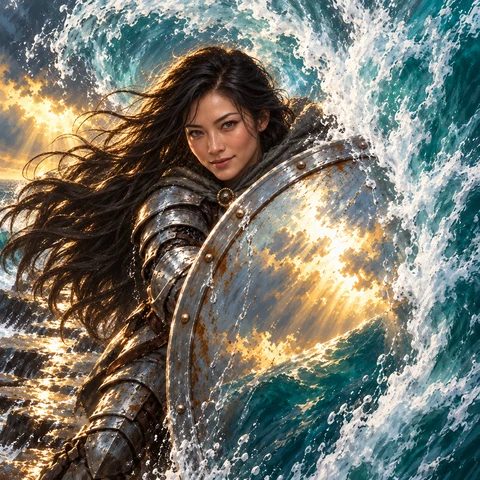 A striking original adult Asian paladin with very long flowing jet-black hair, luminous dark eyes and an elegant confident face braces a silver shield against a towering turquoise wave. Golden storm light shines across battered armor and the shield. Dramatic close composition and richly painted fantasy artwork.