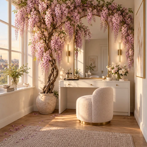 A cozy ivory apartment with a sculptural pink wisteria tree beside a white vanity. Beautifully resolved small-space design, warm dawn light and realistic architectural photography.