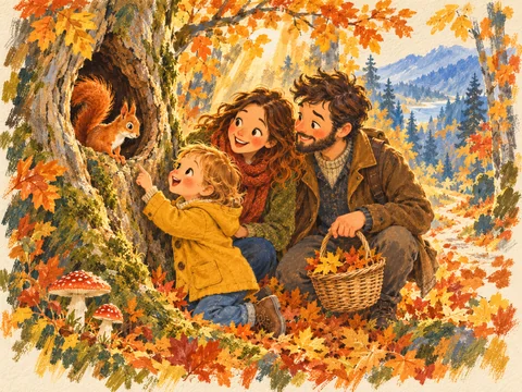 A beautiful emotionally irresistible children's picture-book spread, landscape 4:3, masterful gouache, watercolor and colored pencil. A small child in a mustard coat kneels beside an enormous old beech tree, delighted to discover a tiny red squirrel peeking from a hollow at eye level. Two loving parents kneel close behind, smiling with quiet wonder; one carries a small wicker basket of fallen leaves. A few beautifully painted mushrooms grow untouched in moss in the foreground. Golden autumn leaves form a luminous canopy, a winding path recedes into soft blue woodland, shafts of late sunlight illuminate the three faces and squirrel. Natural warm family gestures, richly textured brushwork, clear simple story, tasteful sophisticated palette, not glossy cartoon, no writing or border, no eating or collecting mushrooms.