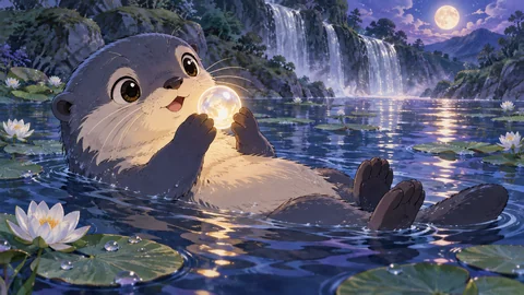 One enchanting original hand-drawn anime film frame, landscape 16:9. A small rounded blue river otter floats on its back in a crystal-clear moonlit pool, its cream belly above water and both little paws holding one glowing pearl-like moonstone just over its chest. Huge appealing but tasteful eyes look at the stone with delighted wonder, tiny whiskers and damp soft fur elegantly cel shaded. Water-level close medium framing makes the otter large and irresistible; translucent lily pads and small white blossoms drift around it, and a waterfall becomes soft silver ribbons in the far background. Deep cobalt water, lavender reflected sky and warm pale-gold stone light, exquisite precise linework, hand-painted watercolor background, sophisticated luminous 2D animation style. One animal, coherent paws and tail, no clothing, no text or logo.