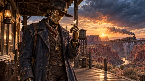 A breathtaking original cinematic steampunk western character portrait, landscape 16:9. An adult clockwork traveler with an expressive weathered bronze face, one warm amber optical eye and a worn indigo duster stands under the awning of a lonely desert railway station. Medium three-quarter view, one articulated brass hand gently holding a tiny living white moth in front of his face, the other hand relaxed at his side. An old broad-brimmed hat, subtle exposed clockwork at the neck, exquisite engraved brass and worn leather. A distant steam train crosses a red mesa canyon behind him, molten sunset and blue storm shadows. Quiet unexpected tenderness in a rugged silhouette, tactile photoreal film cinematography, strong focal hierarchy, natural mechanical joints, no weapons firing, no brand, text or franchise likeness.