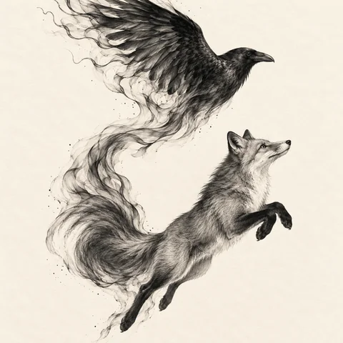 An extraordinary original black-ink and graphite fine-art tattoo concept on clean warm ivory paper, square composition. A graceful red fox rendered in monochrome leaps diagonally upward, its focused eye and delicate paws sharply detailed. Its long sweeping tail dissolves into a single elegant curl of smoke that becomes the spread wing of one raven above it. The raven's head is crisp and intelligent; the outer feathers dissolve into fine ink filaments. Two distinct anatomically convincing animals connected only by smoke, not fused bodies. Dramatic black shapes balanced by generous untouched paper, beautiful sweeping S composition, exquisite etching detail and soft charcoal gradients, sophisticated gallery-print quality. No human skin, lettering, frame, logo or extra animals.